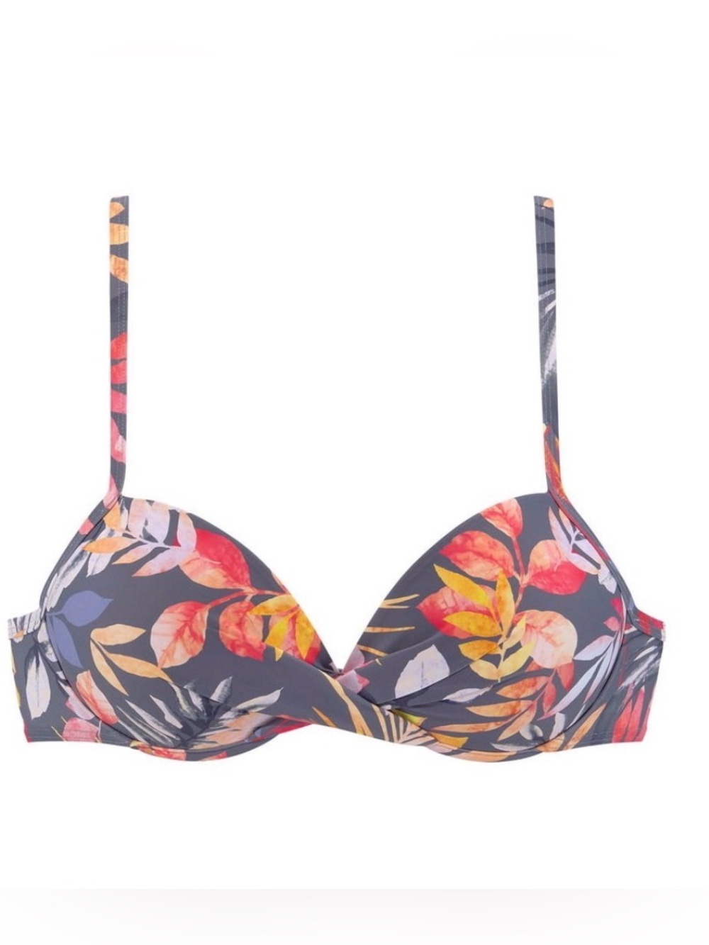 Lascana Twist Front Underwire Bra Bikini Swim Top Grey Floral Tropical 38C